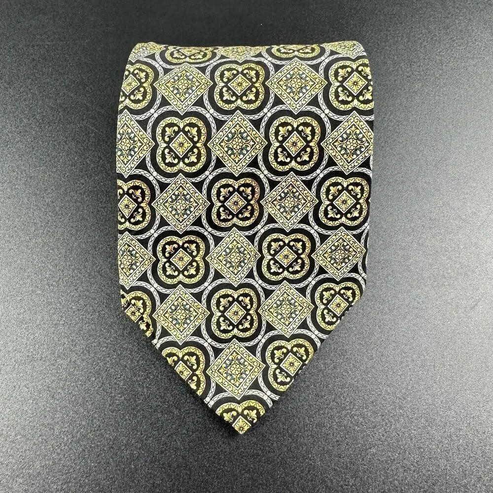 Christian Dior Silk Neck Tie Men Geometric Medallion Black Yellow Made in Canada